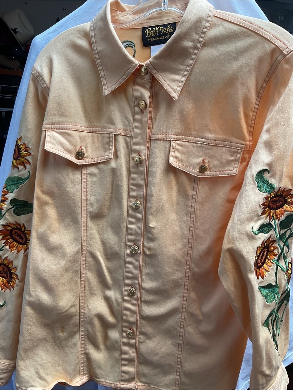 Bob Mackie Peach Button-Front Shirt with Sunflower Sleeve Embroidery